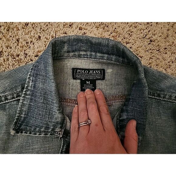 Polo Jeans Ralph Lauren Blue Denim Jacket Sz M Medium Faded Distressed Pockets - Picture 4 of 6